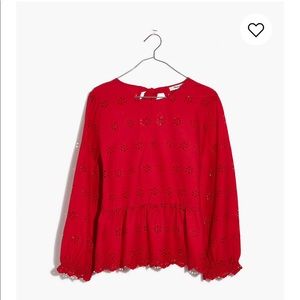 MADEWELL PEPLUM RED EYELET KEYHOLE TOP
